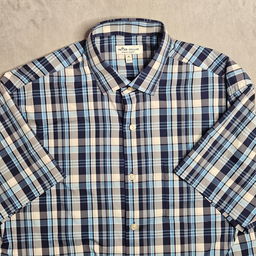Peter Millar Summer Comfort Button Up Shirt Mens Medium Blue Plaid Short Sleeve